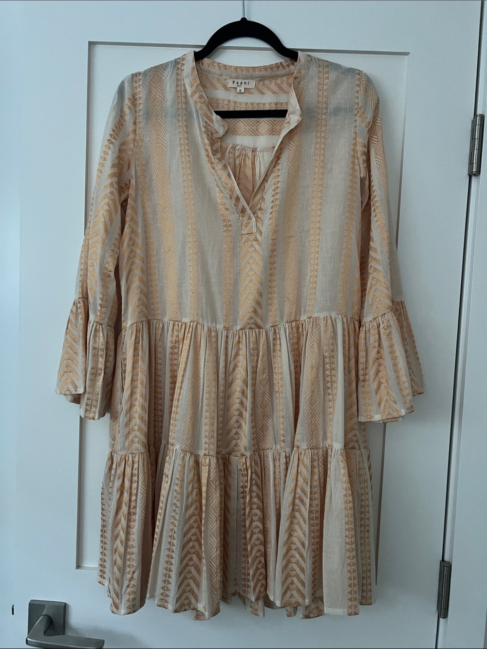 Tiered Cream & Tan Mini Dress with V-Neck